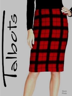 TALBOTS Plaid Brushed Windowpane Wool Blend Lined Pencil Skirt Red Black (4)